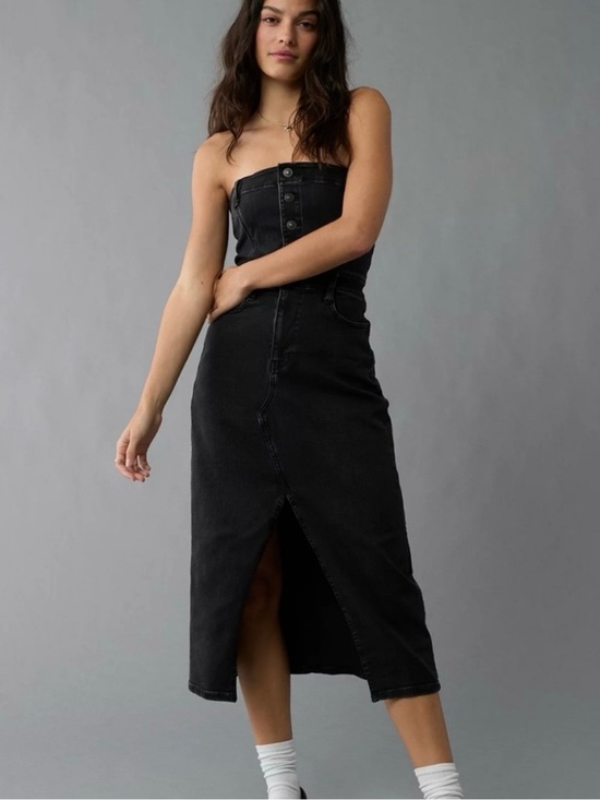 American Eagle Outfitters Dresses & Skirts - American Eagle Strapless Black Denim Midi Dress with Front Slit